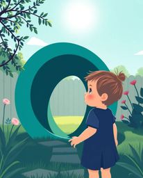A whimsical illustration depicts a child with rosy cheeks discovering a swirling teal portal in their sun-drenched backyard.
