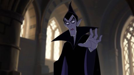 A classic Disney villain with sharp features and pale skin is depicted casting a spell within a dimly lit, ancient stone cast