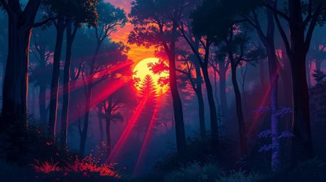 A captivating digital painting showcases a dense forest bathed in the warm glow of a sunset, contrasted by vibrant biolumines