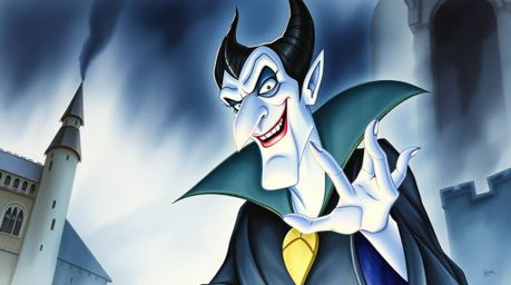 A captivating watercolor painting depicts a classic Disney villain with sharp features and pale skin casting a spell within a