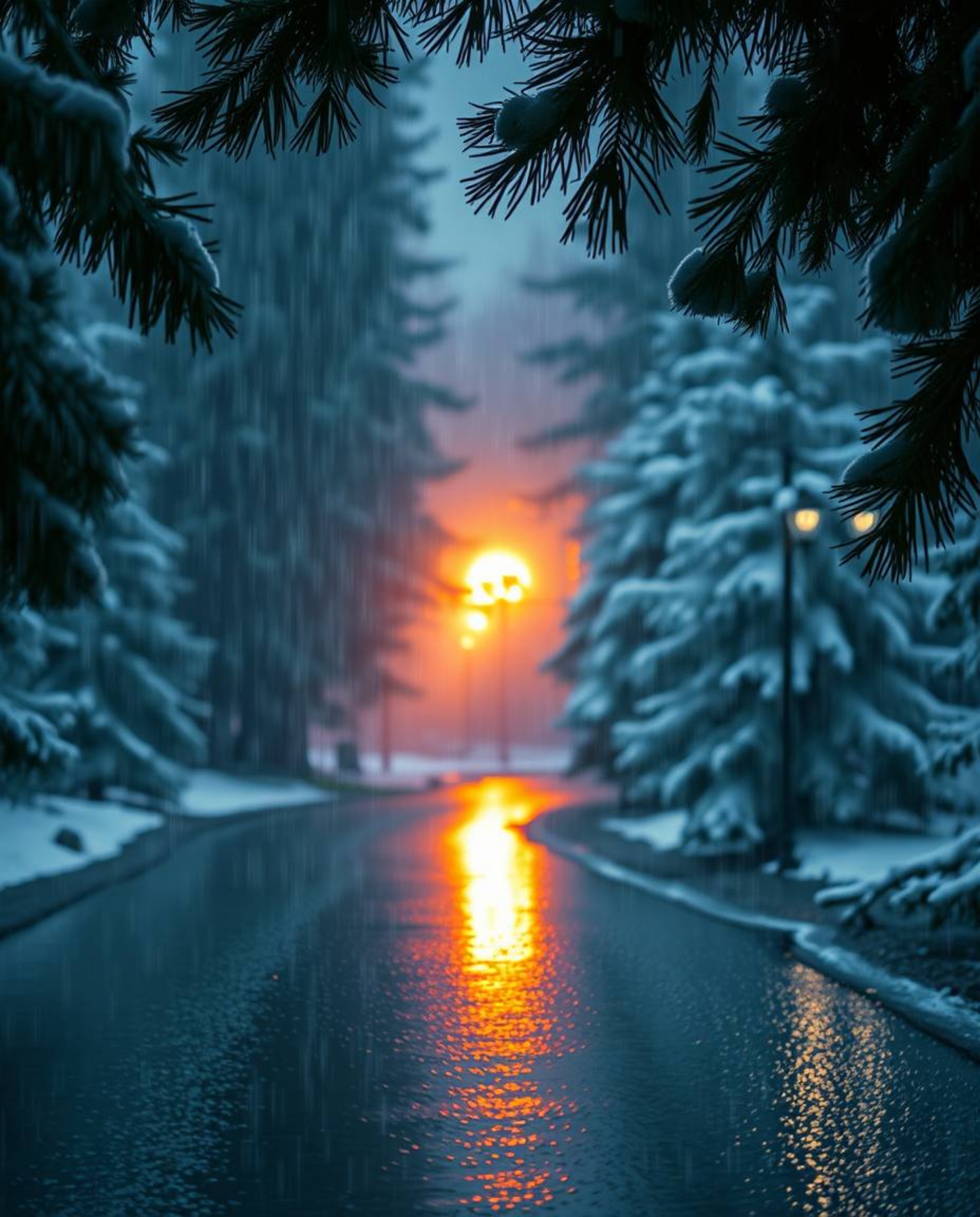 An ethereal and spiritual image depicts a wet, rainy scene with sunset light sparkling on snowy pine trees. A distinct light 
