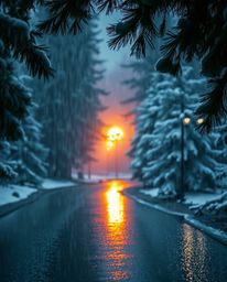 An ethereal and spiritual image depicts a wet, rainy scene with sunset light sparkling on snowy pine trees. A distinct light 
