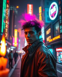 Immerse yourself in a futuristic cityscape cyberpunk environment, alive with colorful neon splashes and a sharp subject focus