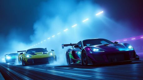 Experience a high-contrast racing scene featuring outlandish cars bathed in intense, dramatic lighting.  A palette of cool co