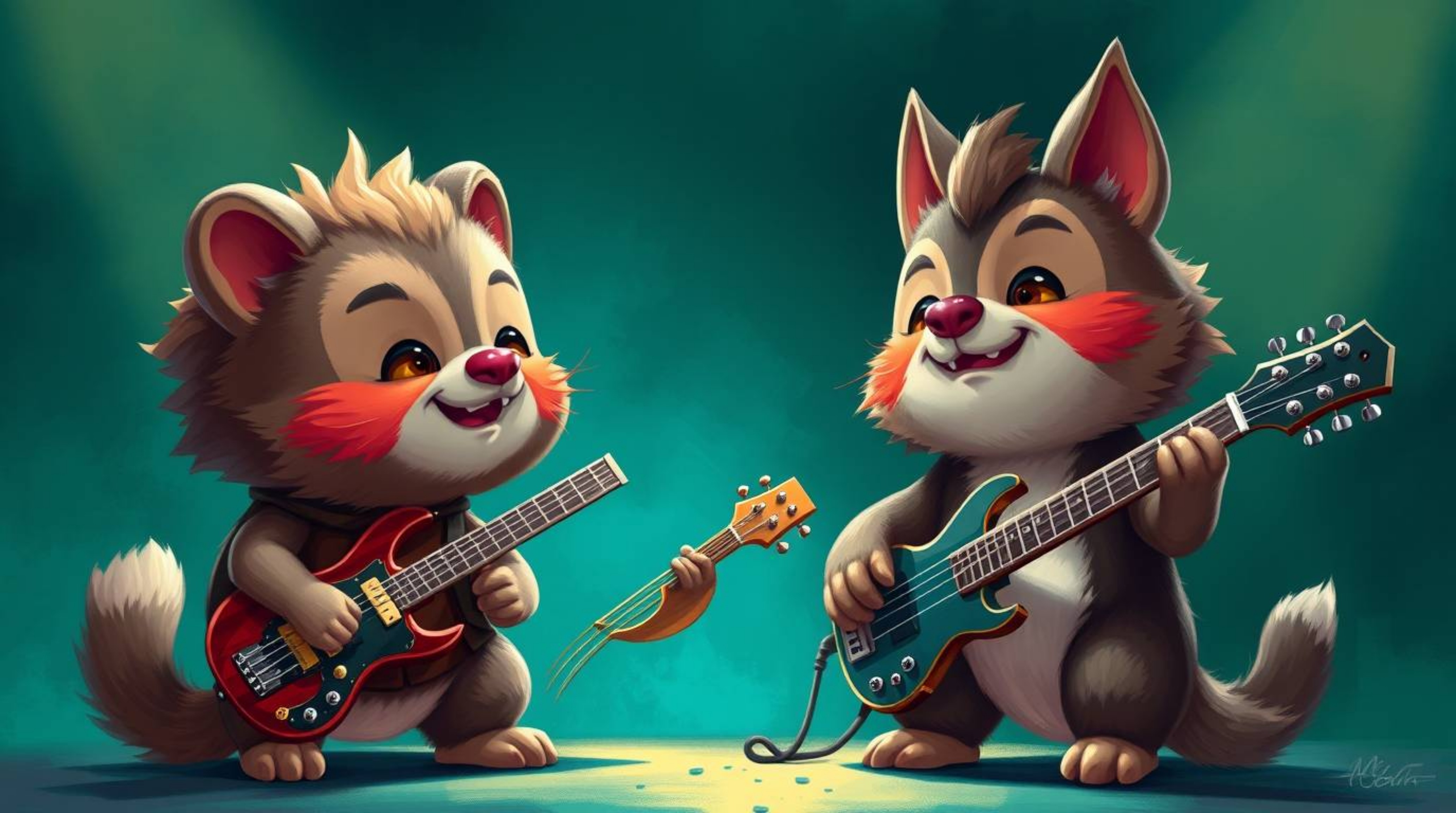 Discover a vibrant digital painting featuring an adorable band of cartoon animals rocking out!  This charming artwork boasts 