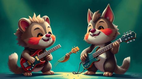 Discover a vibrant digital painting featuring an adorable band of cartoon animals rocking out!  This charming artwork boasts 
