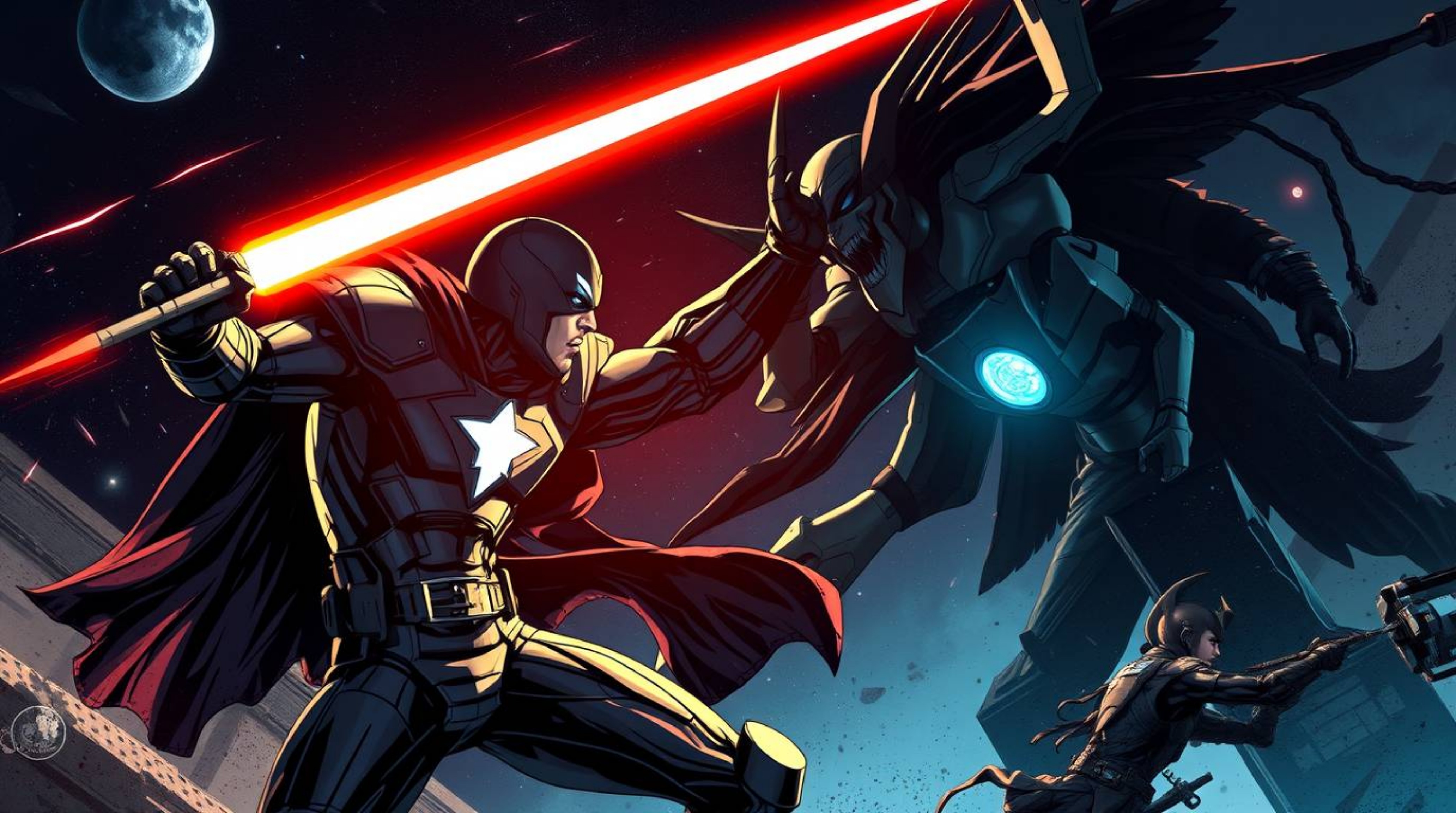 Dive into a futuristic sci-fi world with a captivating illustration showcasing a superhero battling a villain amidst deep sha