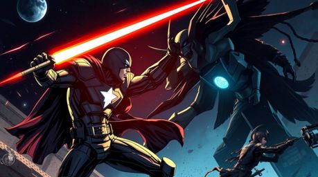 Dive into a futuristic sci-fi world with a captivating illustration showcasing a superhero battling a villain amidst deep sha