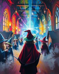 Discover a captivating bold acrylic painting depicting a magical school brimming with young wizards.  The artwork features vi