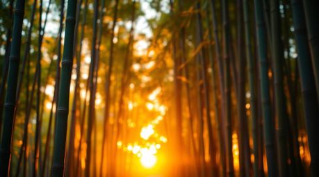 A breathtaking photograph capturing a bamboo forest bathed in the warm hues of a setting sun.  Electric, vivid colors enhance