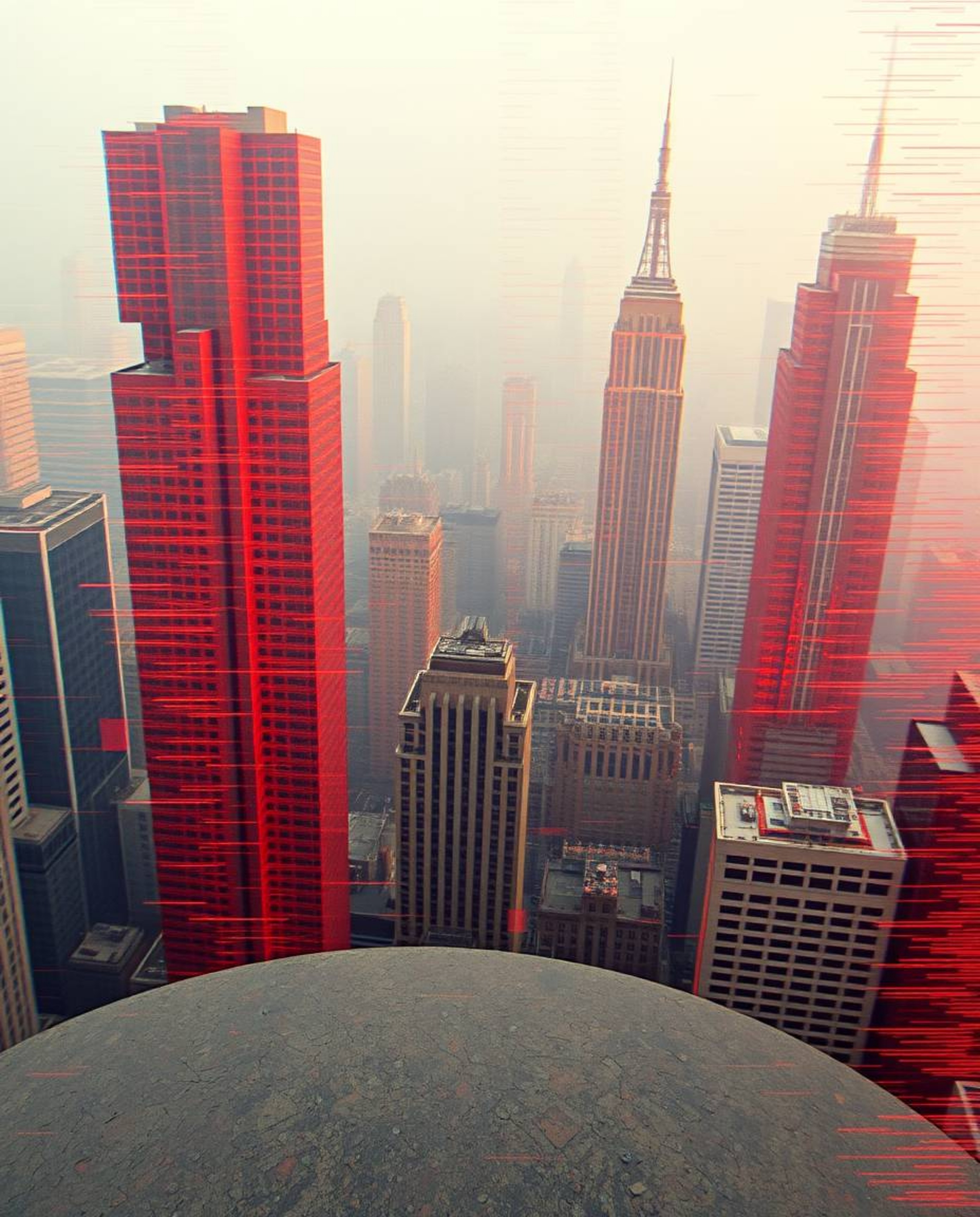 Experience a glitchy digital landscape rendered in warm reds, oranges, and yellows from a captivating bird's eye view. This a