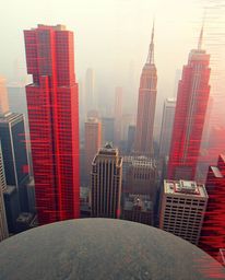 Experience a glitchy digital landscape rendered in warm reds, oranges, and yellows from a captivating bird's eye view. This a