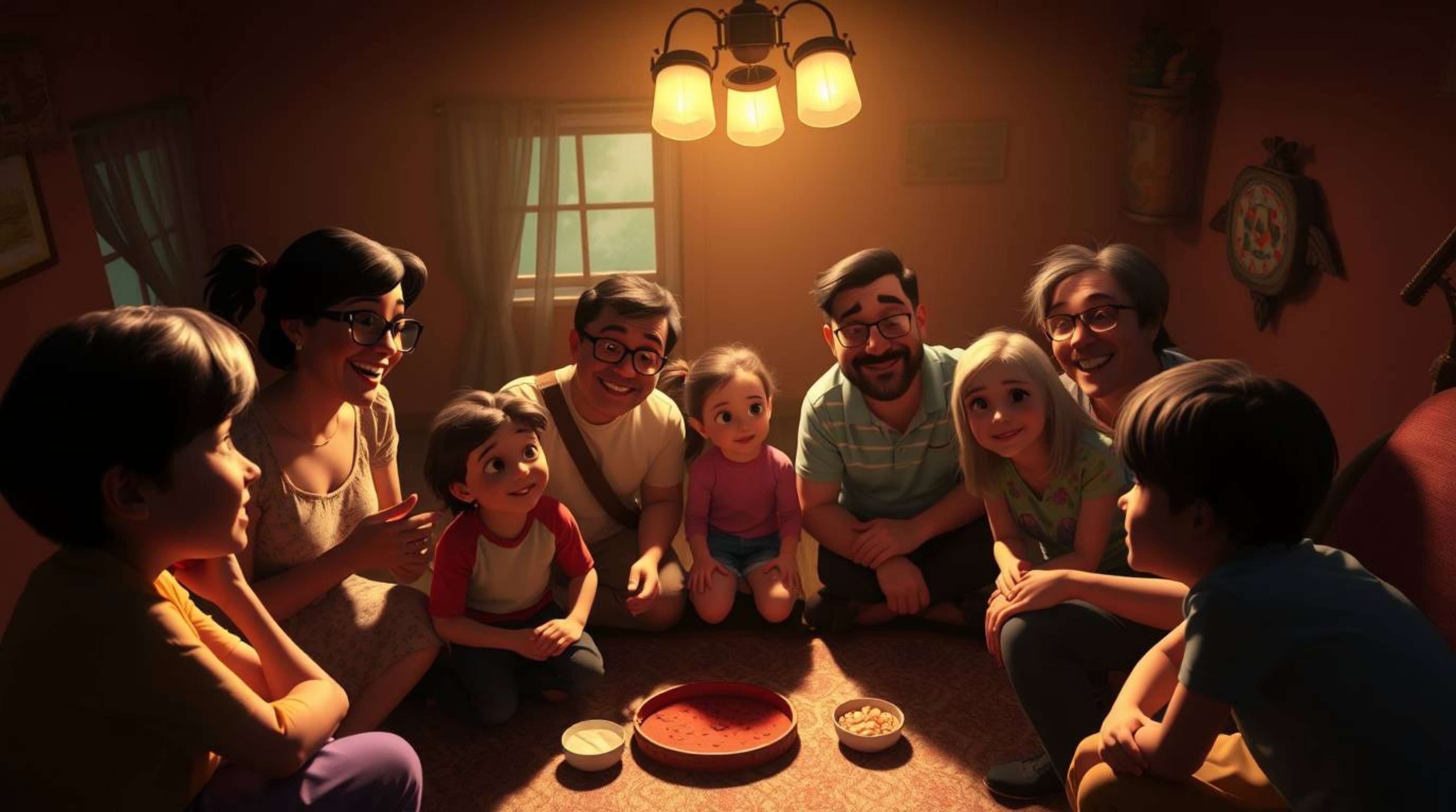 Experience the warmth and joy of a Pixar-style family reunion captured from a unique high-angle perspective.  Bathed in stron