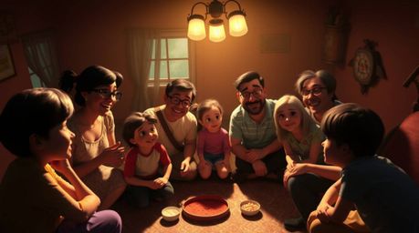 Experience the warmth and joy of a Pixar-style family reunion captured from a unique high-angle perspective.  Bathed in stron