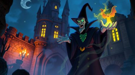 A classic Disney villain casting a powerful spell within the aged walls of an ancient castle. Bioluminescent colors illuminat