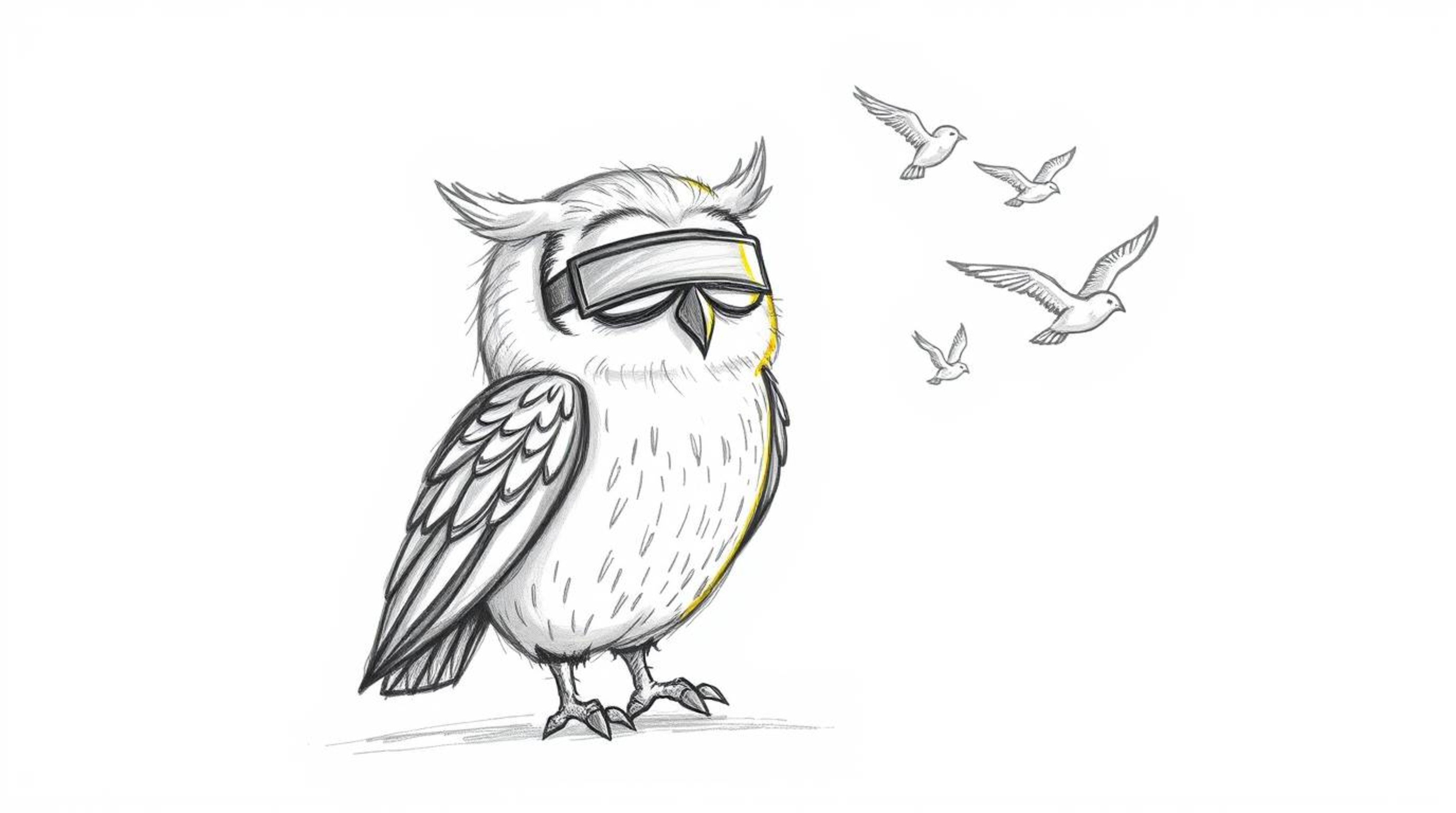 A captivating hand-drawn sketch, reminiscent of Pixar's style, features a blind owl with luminous feathers bathed in a sunbea