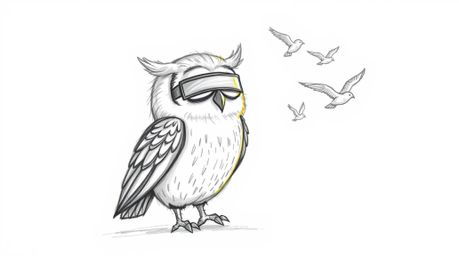 A captivating hand-drawn sketch, reminiscent of Pixar's style, features a blind owl with luminous feathers bathed in a sunbea