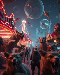 Experience a breathtaking futuristic carnival overtaken by wild animals in this tight close-up sci-fi shot. Witness the clash