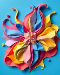 A lively and energetic abstract composition featuring intricate origami-style elements rendered in bright, vibrant colors. Co