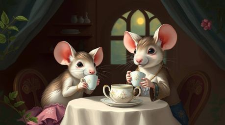 A stunning digital painting showcases anthropomorphic mice with refined features, enjoying a delightful tea party in a cozy c