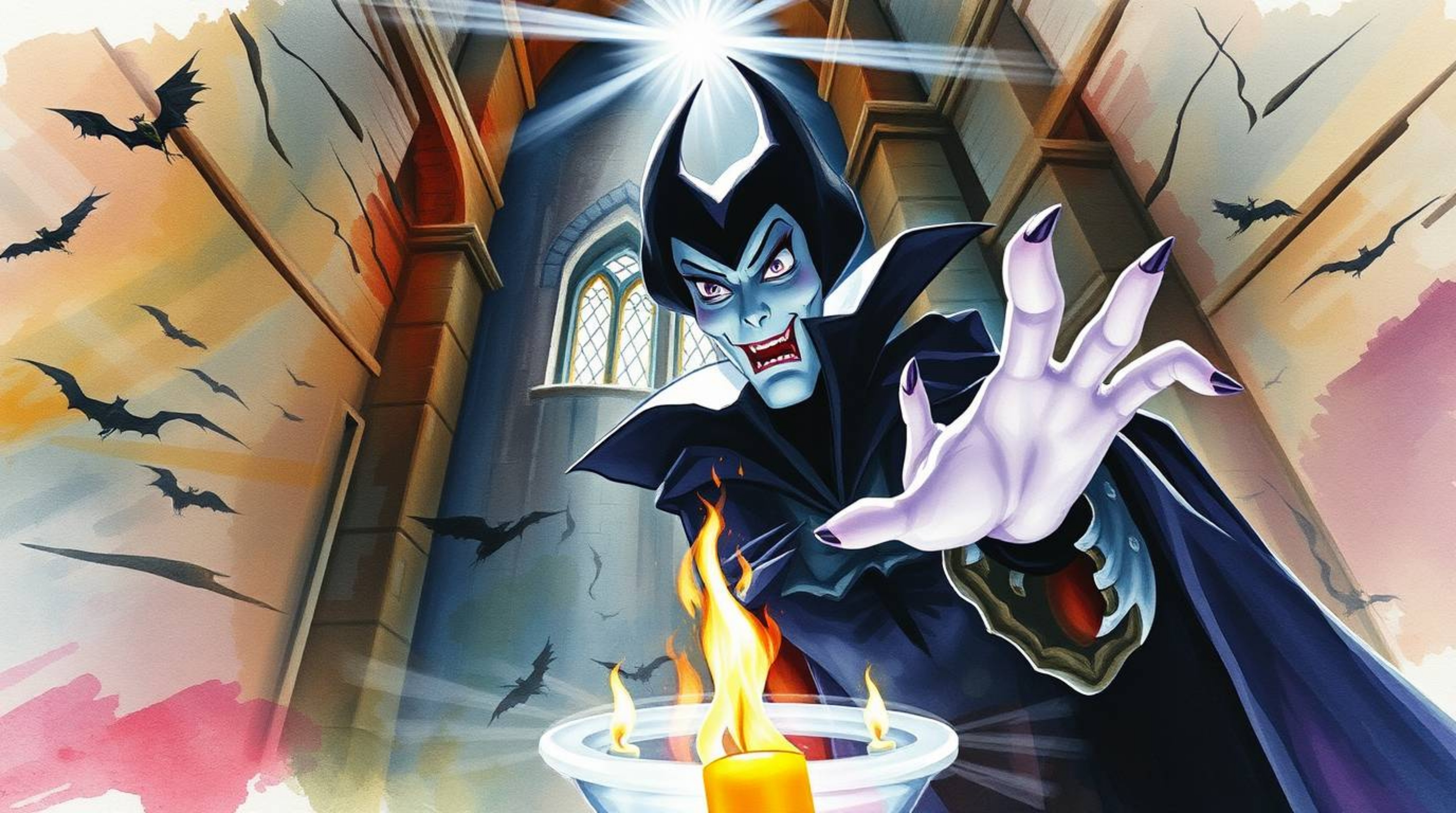 A captivating watercolor painting showcases a classic Disney villain casting a spell within an ancient castle. The low-angle
