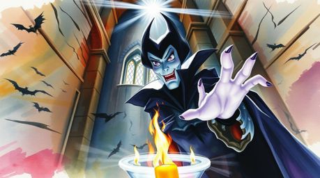 A captivating watercolor painting showcases a classic Disney villain casting a spell within an ancient castle.  The low-angle