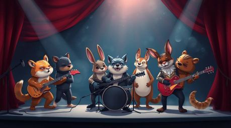 A captivating music video featuring a band of cartoon animals playing electrifying rock music.  The visuals are rich with sop