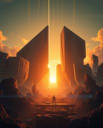 This massive and epic scene is dominated by abstract shapes with glitch effects, fragmentation, and scanlines. The warm golde