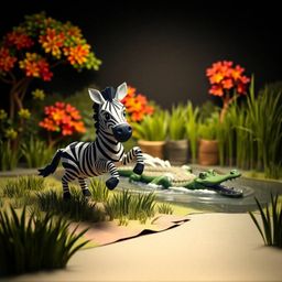 A visually striking scene showcasing an intricate origami style zebra and crocodile, brought to life with contrasting chiaros