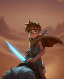 A brave, Disney-style hero embarks on a thrilling desert adventure.  Experience intense dramatic lighting juxtaposed with sof