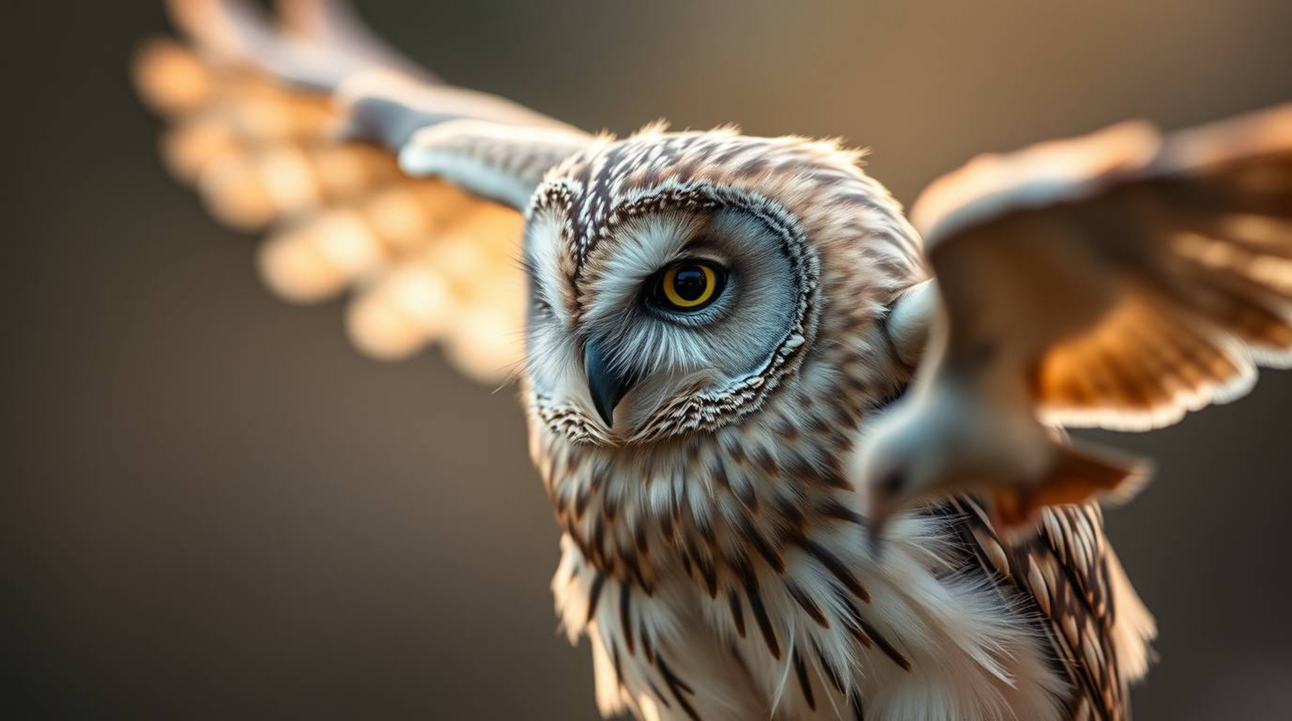 A heartwarming scene captured in fine art photography, showcasing a blind owl with soft feathers tenderly teaching birds to f