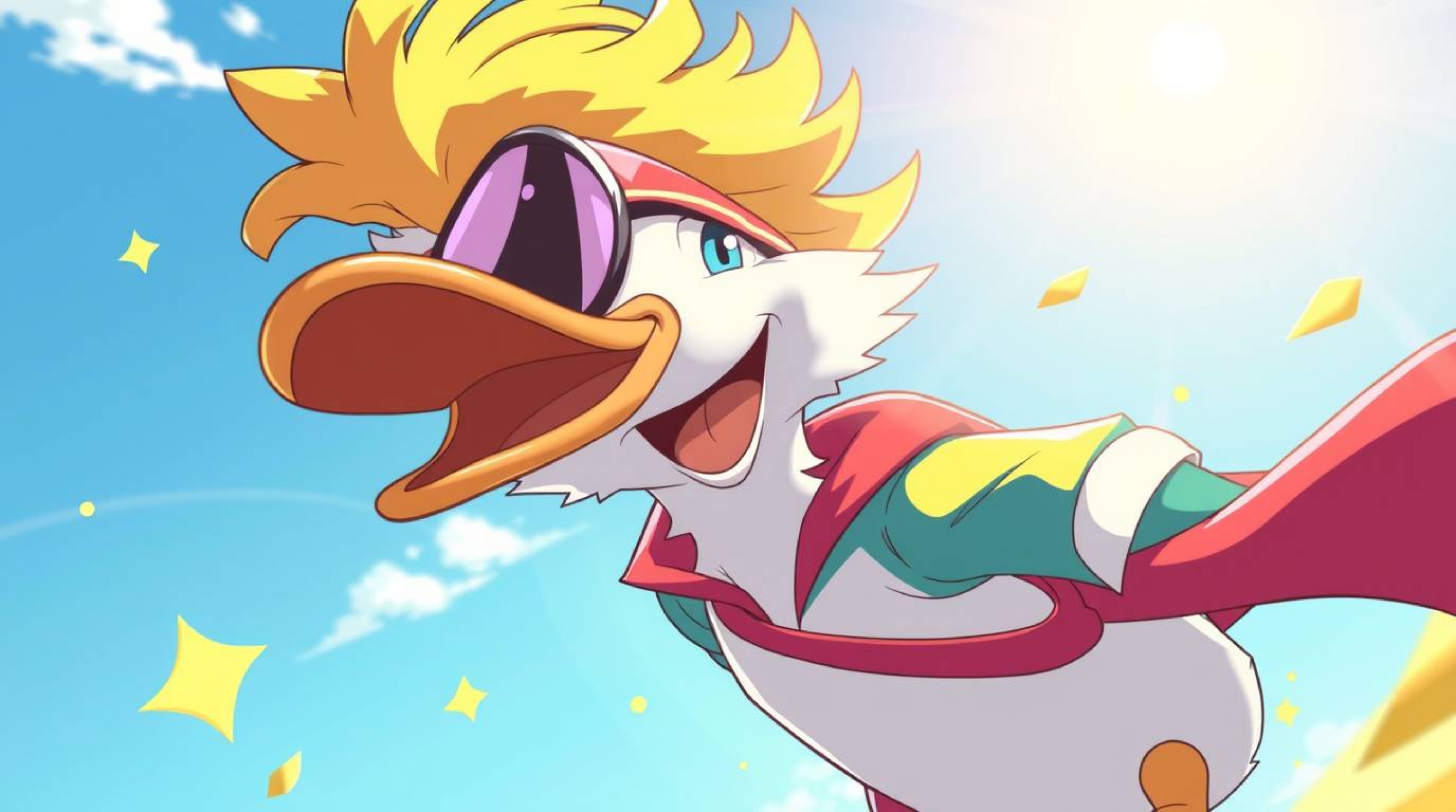 A bright and vibrant Isekai anime style depiction showcases a duck in a zany superhero costume, rendered with an expressive a