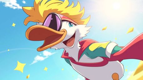 A bright and vibrant Isekai anime style depiction showcases a duck in a zany superhero costume, rendered with an expressive a