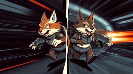 A captivating image showcasing a mischievous duo of talking animals in a futuristic sci-fi setting.  The dynamic composition 