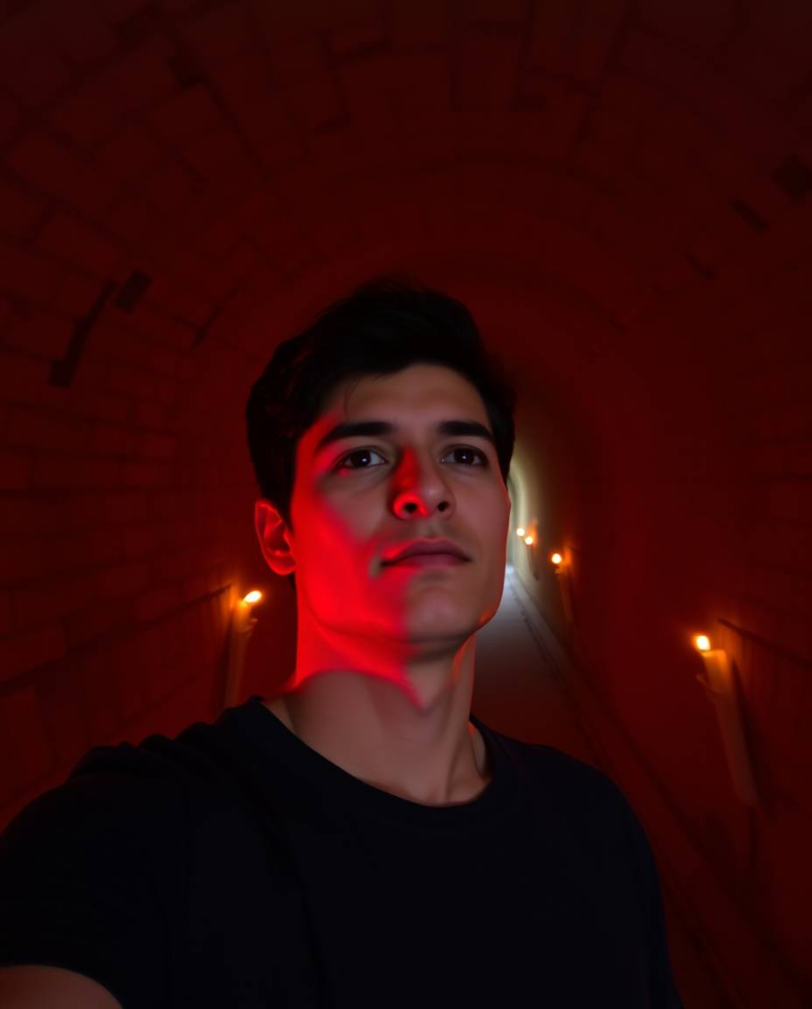 A captivating image depicts a person silhouetted at a tunnel's entrance, gazing towards a radiant light source.  Warm candlel