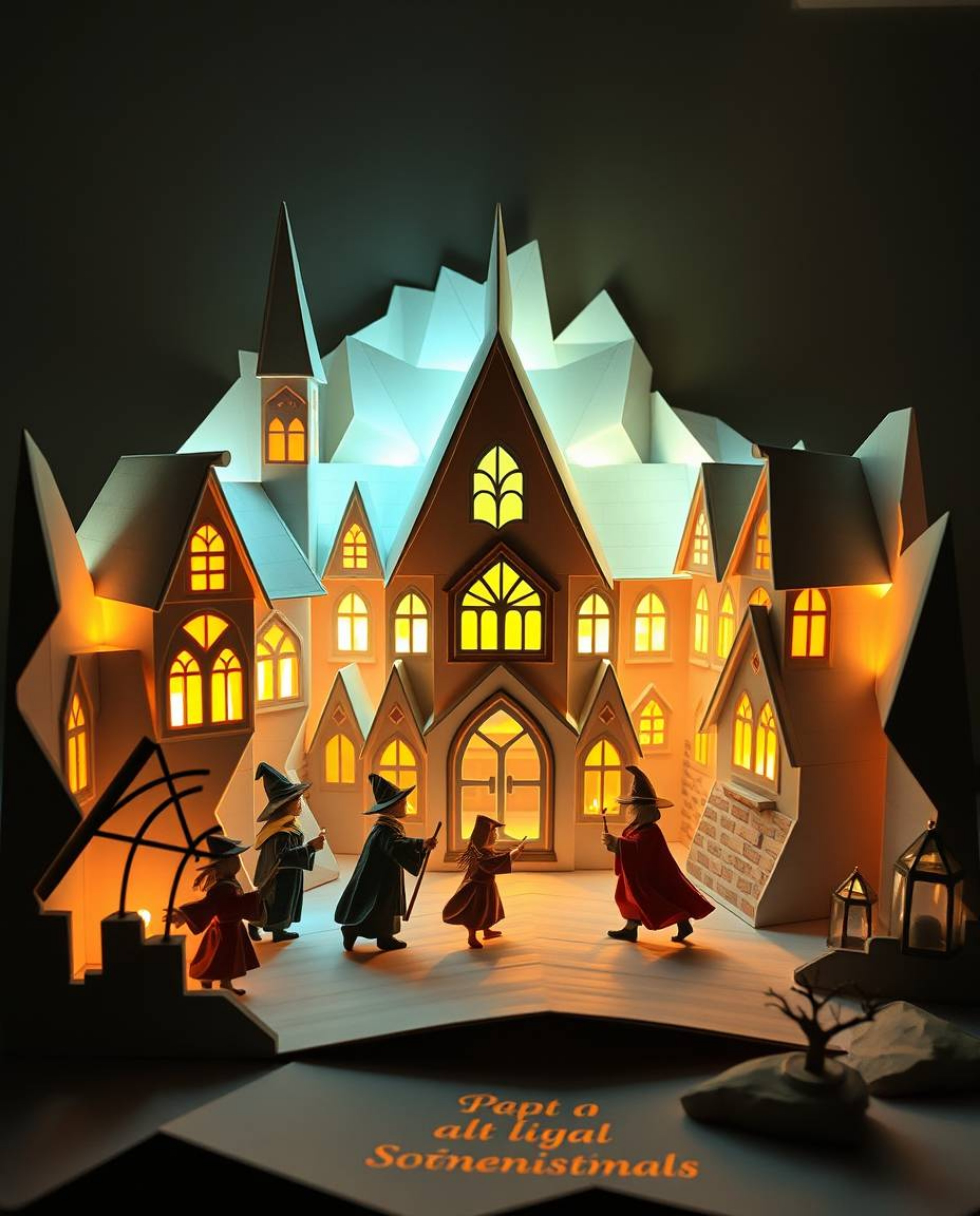 Discover a captivating light art installation showcasing a magical school brimming with young wizards.  Intricate origami des