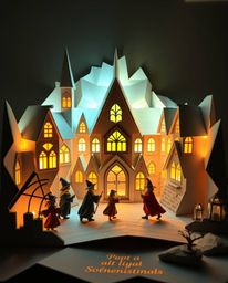 Discover a captivating light art installation showcasing a magical school brimming with young wizards. Intricate origami des