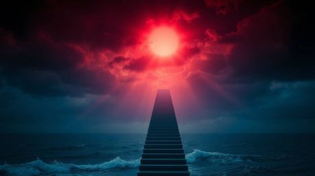A dramatic staircase emerges from the ocean, ascending into a stormy sky illuminated by a divine sunburst, employing chiarosc