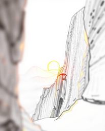 A hand-drawn sketch depicts a sunset illuminating sandstone cliffs in a canyon. The artwork is characterized by its rough, te