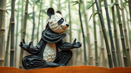 This artwork captures a dynamic, papier-mâché style depiction of a martial artist panda in motion, meditating peacefully with