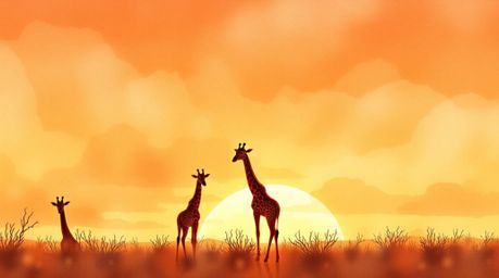 Immerse yourself in the serene beauty of a savanna sunset, captured in delicate watercolor. Silhouetted giraffes stand gracef