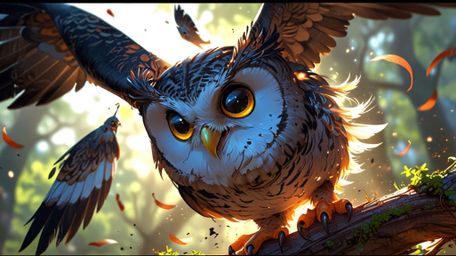 This artwork, created in a beautiful fusion of Pixar and anime styles, depicts a wise blind owl instructing other birds on ho