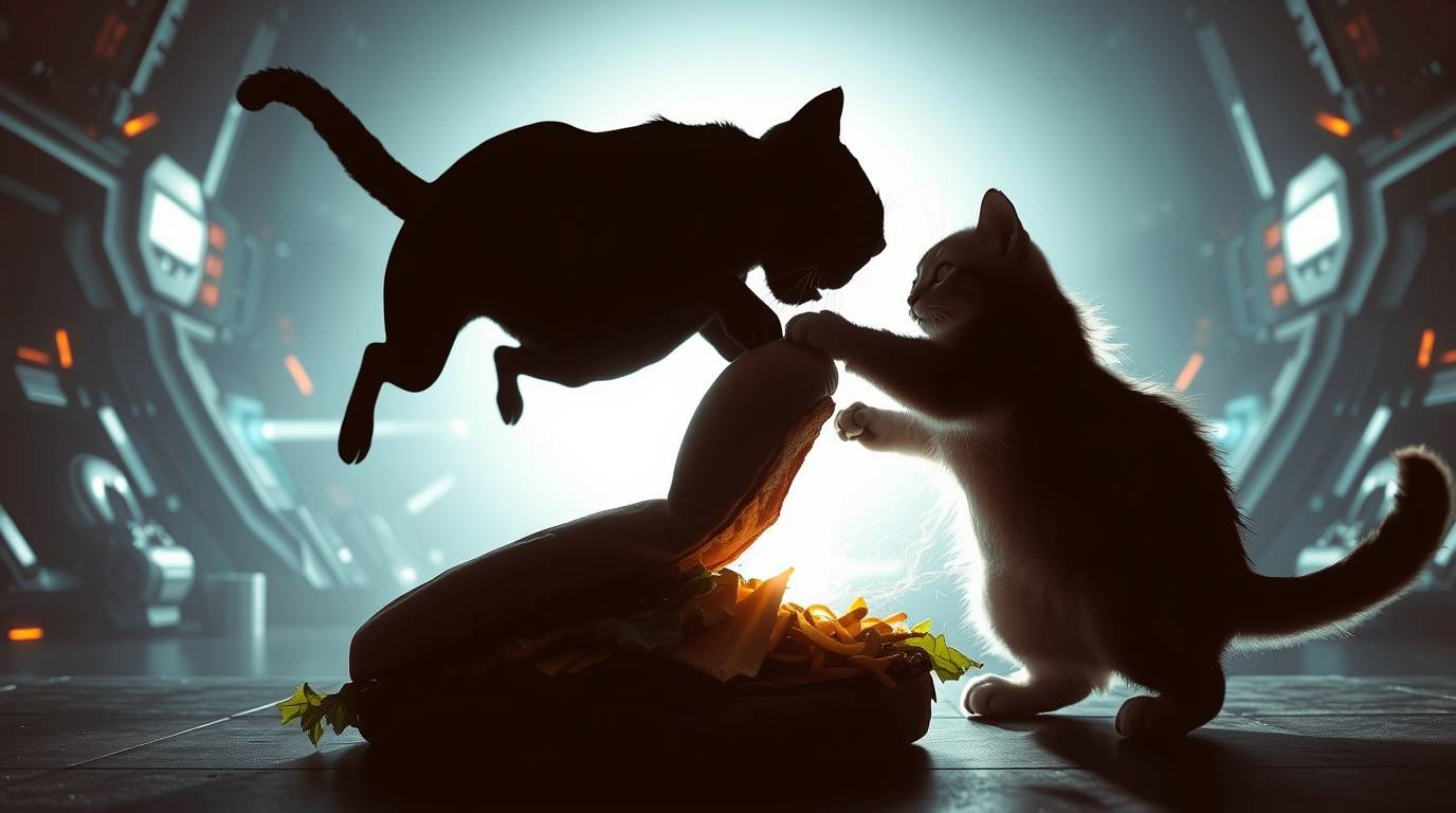 A silhouetted dog and cat are engaged in a fierce battle over a gigantic sandwich, set against a backdrop of futuristic sci-f