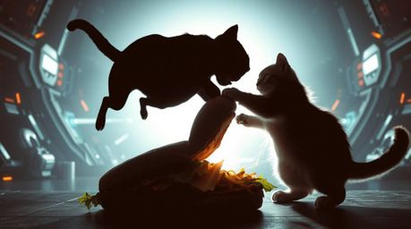 A silhouetted dog and cat are engaged in a fierce battle over a gigantic sandwich, set against a backdrop of futuristic sci-f