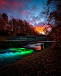 An image of an old wooden bridge over a river at sunset, uniquely illuminated by a blend of glowing bioluminescent and warm a