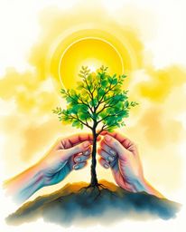 A captivating image depicting hands planting a tree under a vibrant, golden sky.  The artwork features glowing bioluminescent