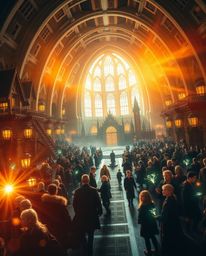 Experience an epic scene set in a modern future, bathed in a warm golden glow, depicting a magical school brimming with young
