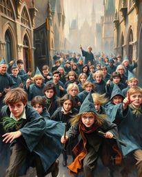 Immerse yourself in a classic oil painting depicting a magical school brimming with young wizards. This dynamic artwork is ri