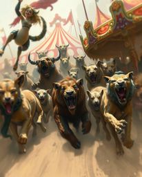 A vibrant carnival scene has been dramatically transformed, now overtaken by wild animals. This dynamic digital sketch captur