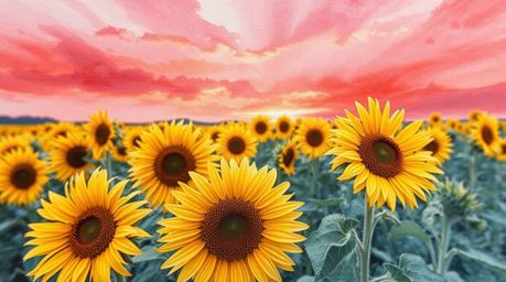 An exquisite extreme macro watercolor painting captures the delicate detail of a sunflower field bathed in the vibrant hues o